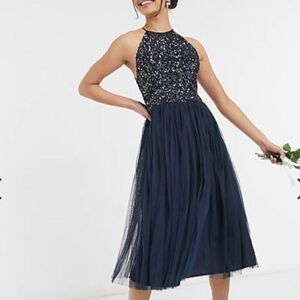 Maya Bridesmaid Halterneck Midi Tulle Dress w/Tonal Delicate Sequins, Navy, sz 4